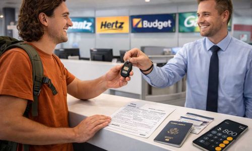 Home 8 Viaggiatore ritira auto a noleggio in aeroporto Australia controllando documenti, patente IDP e contratto prima di partire per road trip