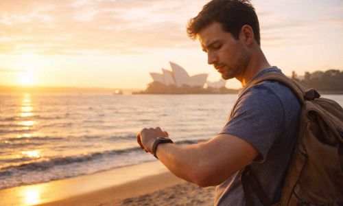 Home 6 Viaggiatore al tramonto in Australia che guarda l'orologio - differenza fuso orario Italia Australia