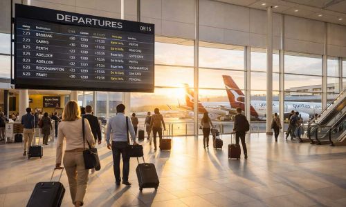 Home 6 Terminal domestico aeroporto australiano con tabellone partenze voli interni Brisbane Cairns Perth e passeggeri con bagaglio a mano