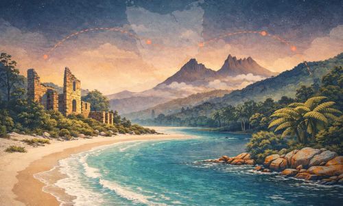 Home 6 Illustrazione panoramica della Tasmania con paesaggio costiero, montagne e natura selvaggia che evoca un viaggio di una settimana tra Hobart, Freycinet e Cradle Mountain